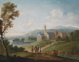 Paisagem do rio com uma aldeia e caminhantes
